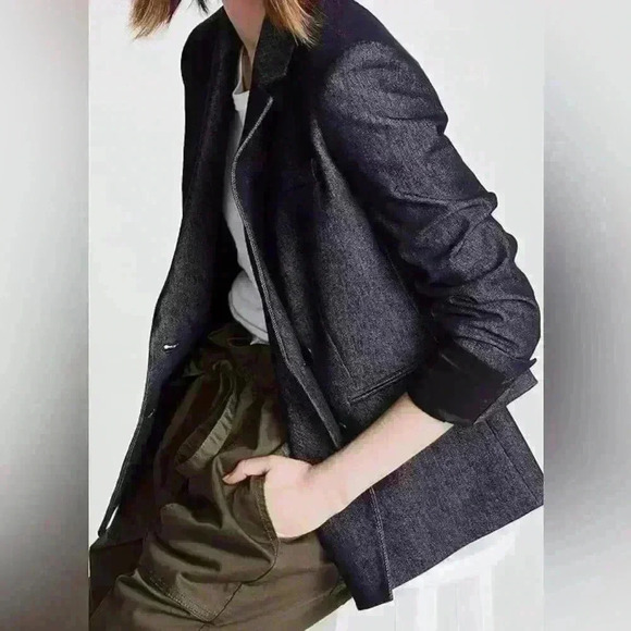 🔥🔥 NWOT Theory Double Breasted Deadstock Denim Coat Blazer Dark Blue 00 Jacket - Picture 8 of 16